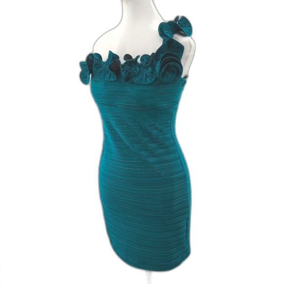 XOXO Y2K Teal Ruffle Rose Bodycon One Shoulder Mini Dress Size Small - Picture 1 of 9